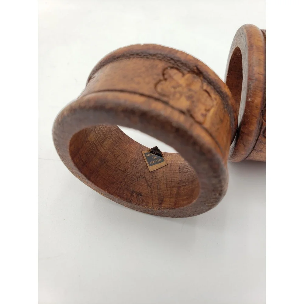Vintage Wooden Napkin Rings‎ With Carved Floral Motif Lot Of 11 Made In India